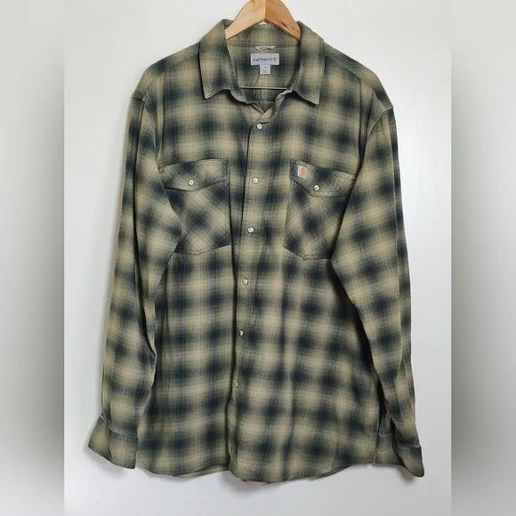 Carhartt Green Plaid Button-Up Shirt Pearl Snap Buttons - Picture 1 of 7